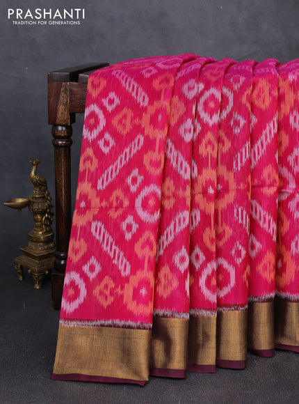 Ikat silk cotton saree pink and deep wine shade with allover ikat weaves and zari woven border