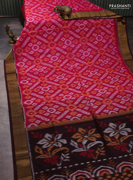 Ikat silk cotton saree pink and deep wine shade with allover ikat weaves and zari woven border