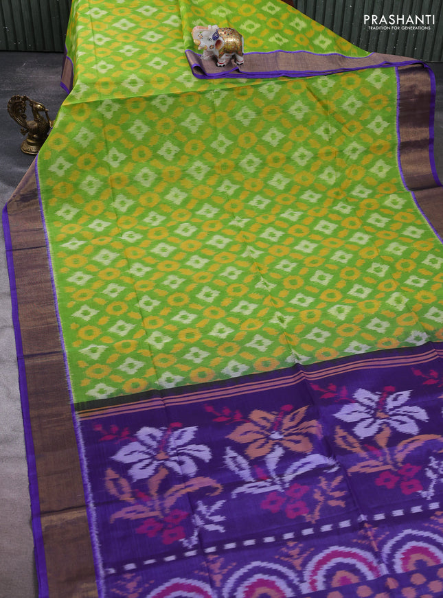 Ikat silk cotton saree light green and violet with allover ikat weaves and zari woven border