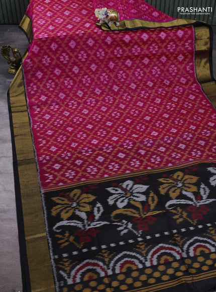 Ikat silk cotton saree pink and black with allover ikat weaves and zari woven border