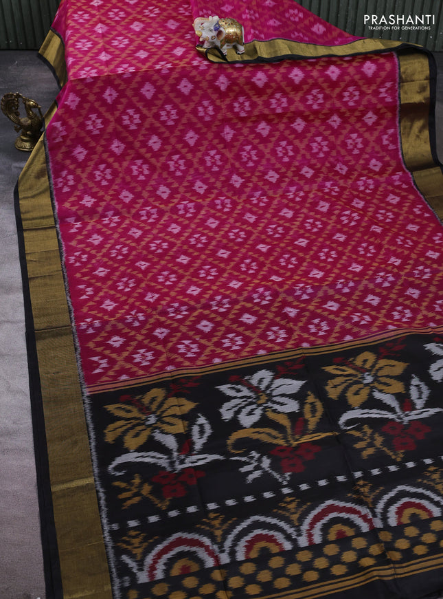 Ikat silk cotton saree pink and black with allover ikat weaves and zari woven border