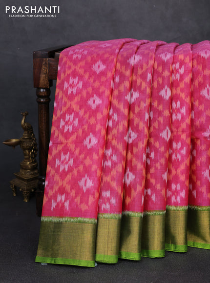 Ikat silk cotton saree pink and light green with allover ikat weaves and zari woven border