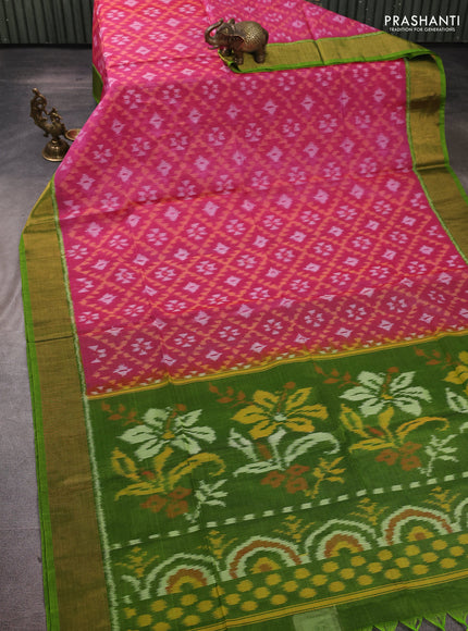 Ikat silk cotton saree pink and light green with allover ikat weaves and zari woven border