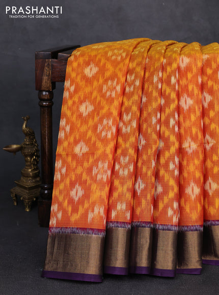 Ikat silk cotton saree orange and violet with allover ikat weaves and zari woven border