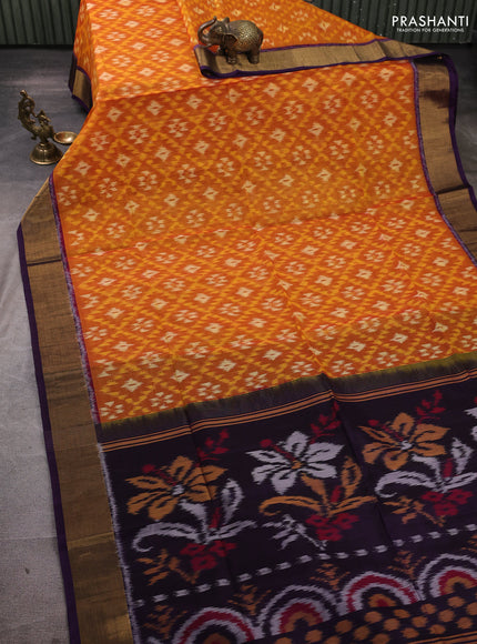 Ikat silk cotton saree orange and violet with allover ikat weaves and zari woven border