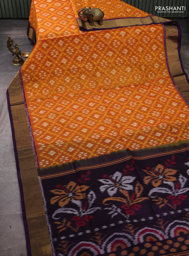Ikat silk cotton saree orange and violet with allover ikat weaves and zari woven border