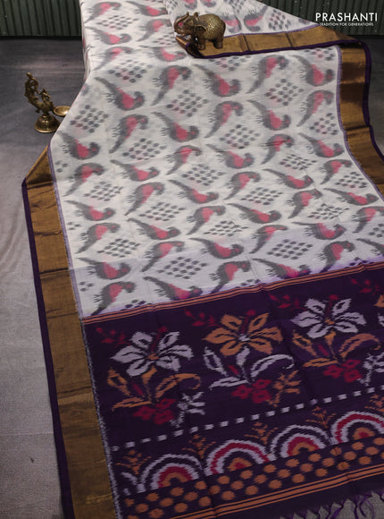 Ikat silk cotton saree grey and violet with allover ikat weaves and zari woven border
