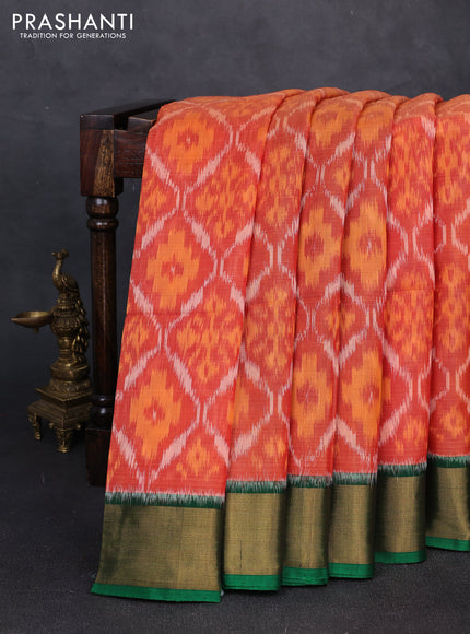 Ikat silk cotton saree orange maroon and green with allover ikat weaves and zari woven border