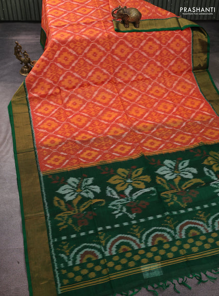 Ikat silk cotton saree orange maroon and green with allover ikat weaves and zari woven border