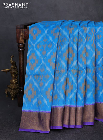 Ikat silk cotton saree cs blue and violet with allover ikat weaves and zari woven border