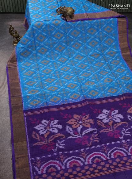 Ikat silk cotton saree cs blue and violet with allover ikat weaves and zari woven border