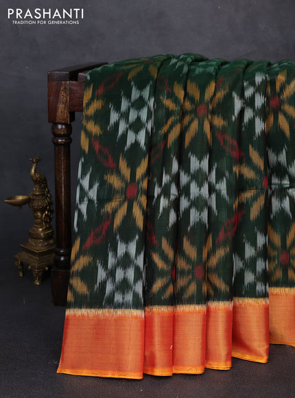 Ikat silk cotton saree bottle green and yellow with allover ikat weaves and zari woven border