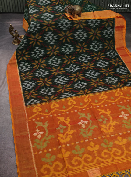 Ikat silk cotton saree bottle green and yellow with allover ikat weaves and zari woven border