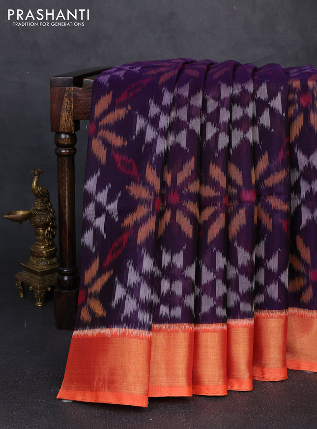 Ikat silk cotton saree deep violet and orange with allover ikat weaves and zari woven border