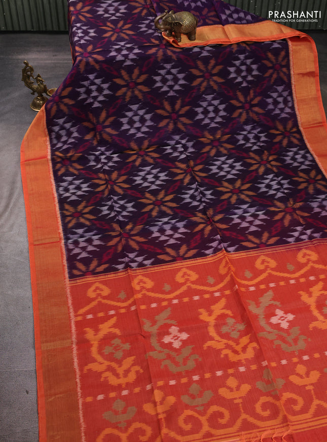 Ikat silk cotton saree deep violet and orange with allover ikat weaves and zari woven border