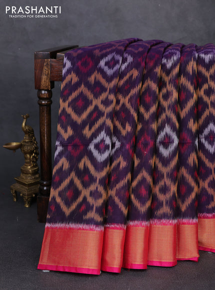 Ikat silk cotton saree deep violet and pink with allover ikat weaves and zari woven border