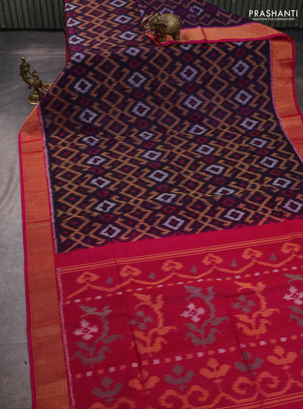 Ikat silk cotton saree deep violet and pink with allover ikat weaves and zari woven border