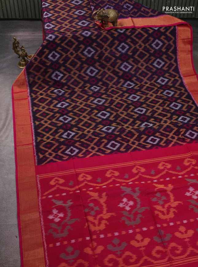 Ikat silk cotton saree deep violet and pink with allover ikat weaves and zari woven border