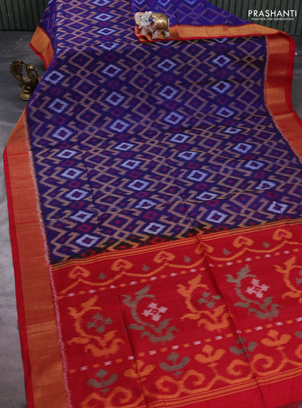 Ikat silk cotton saree navy blue and red with allover ikat weaves and zari woven border