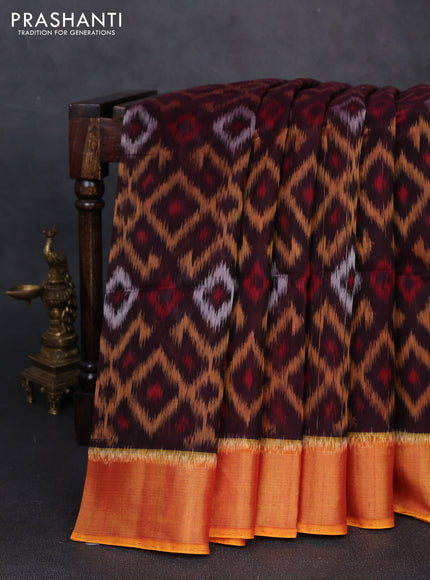 Ikat silk cotton saree coffee brown and orange with allover ikat weaves and zari woven border