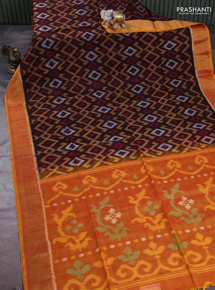 Ikat silk cotton saree coffee brown and orange with allover ikat weaves and zari woven border