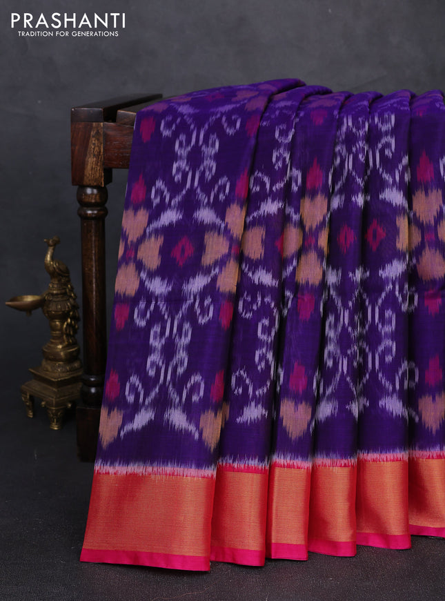 Ikat silk cotton saree violet and pink with allover ikat weaves and zari woven border