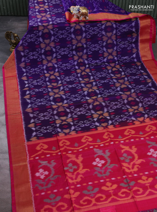 Ikat silk cotton saree violet and pink with allover ikat weaves and zari woven border