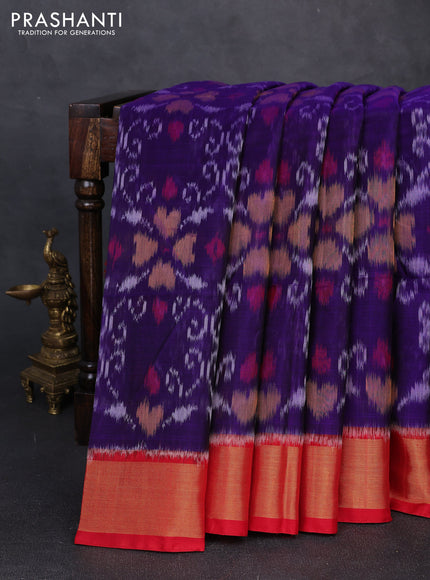 Ikat silk cotton saree violet and red with allover ikat weaves and zari woven border