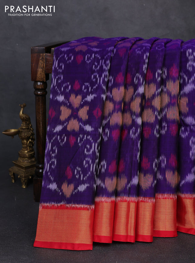 Ikat silk cotton saree violet and red with allover ikat weaves and zari woven border