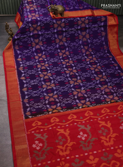 Ikat silk cotton saree violet and red with allover ikat weaves and zari woven border