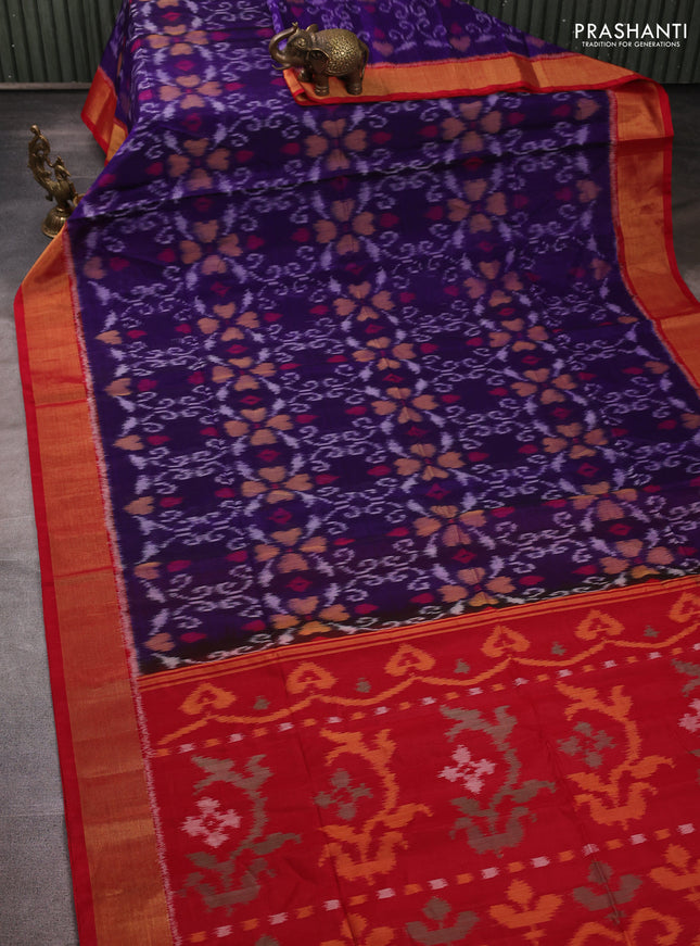 Ikat silk cotton saree violet and red with allover ikat weaves and zari woven border