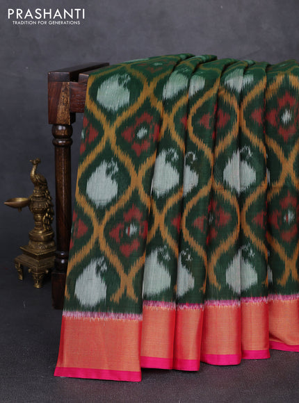 Ikat silk cotton saree bottle green and pink with allover ikat weaves and zari woven border
