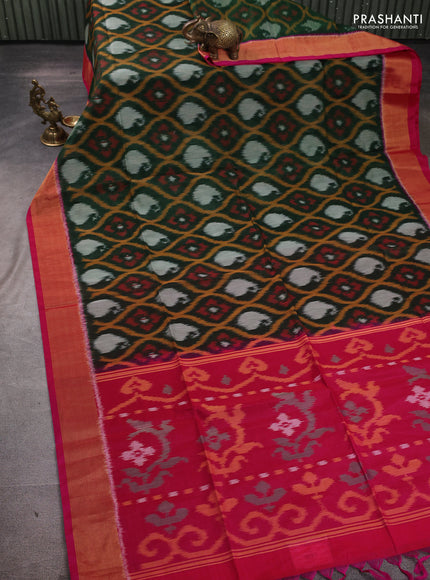 Ikat silk cotton saree bottle green and pink with allover ikat weaves and zari woven border