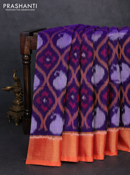 Ikat silk cotton saree deep violet and orange with allover ikat weaves and zari woven border