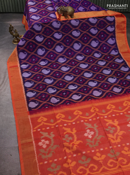 Ikat silk cotton saree deep violet and orange with allover ikat weaves and zari woven border