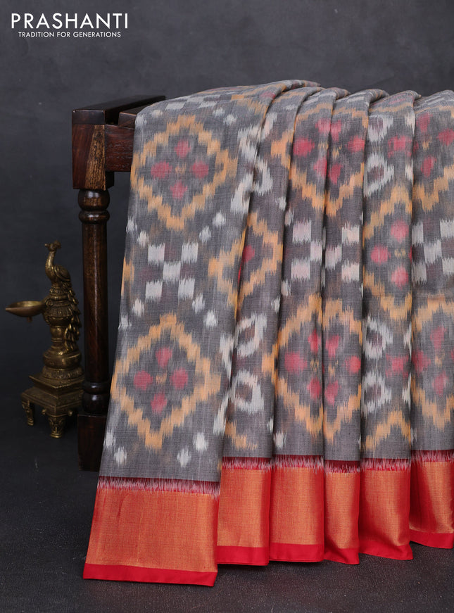 Ikat silk cotton saree grey and red with allover ikat weaves and zari woven border