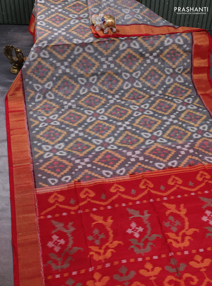Ikat silk cotton saree grey and red with allover ikat weaves and zari woven border