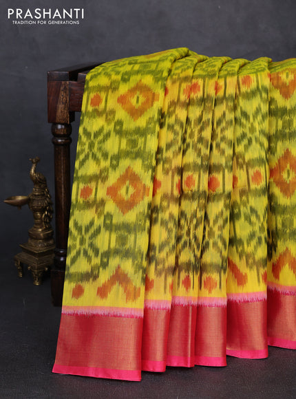 Ikat silk cotton saree lime green and candy pink with allover ikat weaves and zari woven border