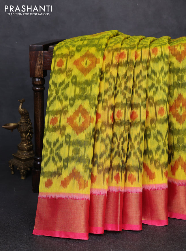Ikat silk cotton saree lime green and candy pink with allover ikat weaves and zari woven border