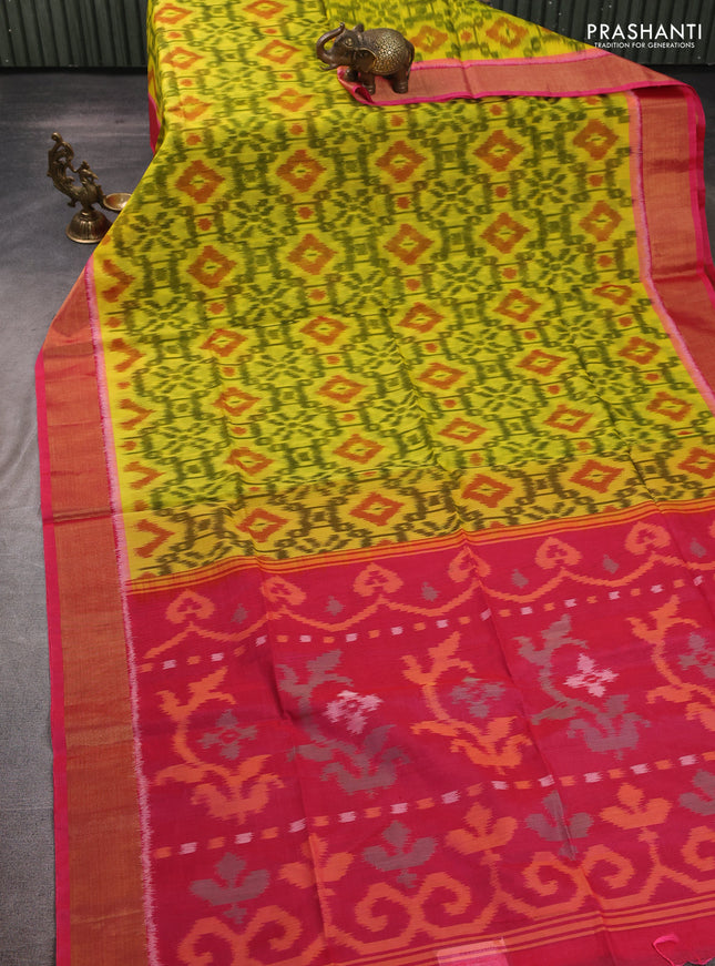 Ikat silk cotton saree lime green and candy pink with allover ikat weaves and zari woven border