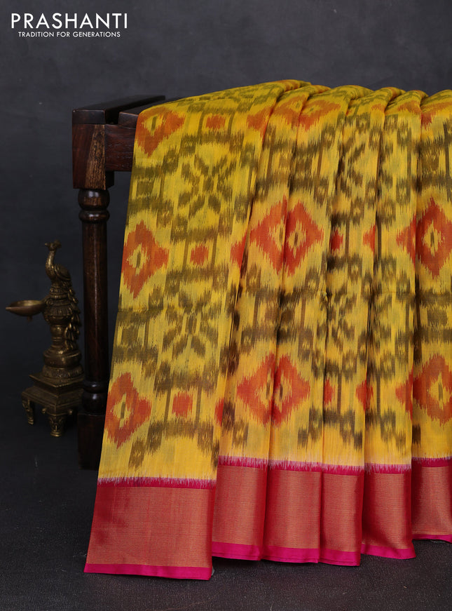 Ikat silk cotton saree yellow and pink with allover ikat weaves and zari woven border