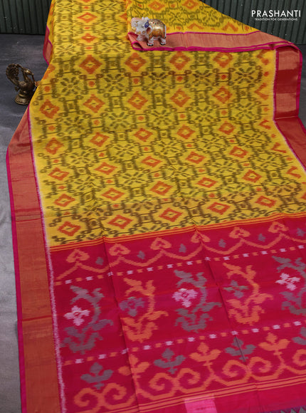 Ikat silk cotton saree yellow and pink with allover ikat weaves and zari woven border