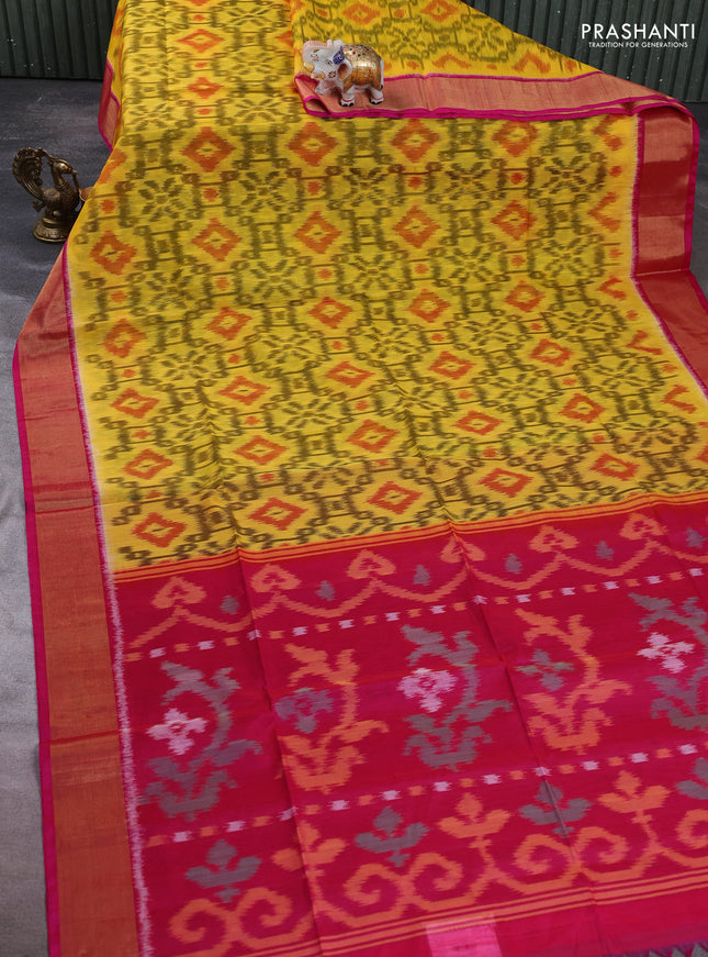 Ikat silk cotton saree yellow and pink with allover ikat weaves and zari woven border