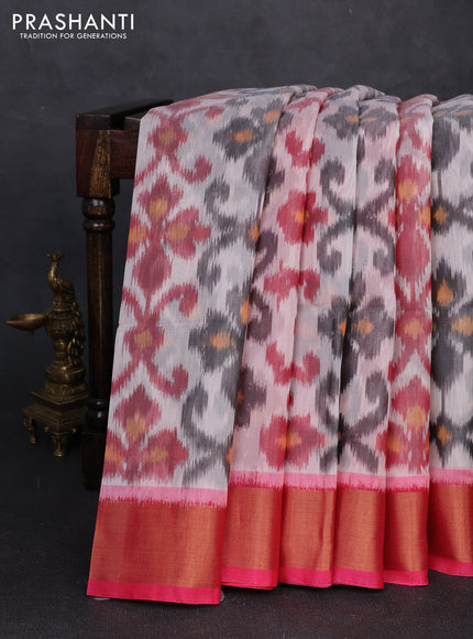 Ikat silk cotton saree peach shade and candy pink with allover ikat weaves and zari woven border