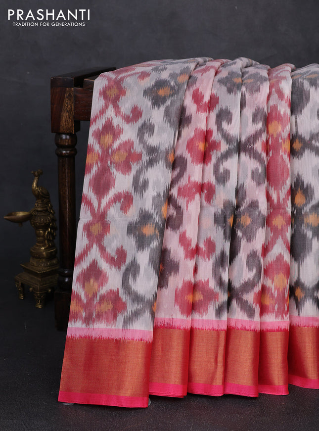 Ikat silk cotton saree peach shade and candy pink with allover ikat weaves and zari woven border
