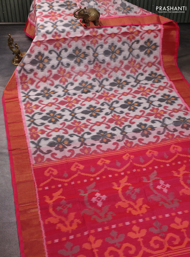 Ikat silk cotton saree peach shade and candy pink with allover ikat weaves and zari woven border