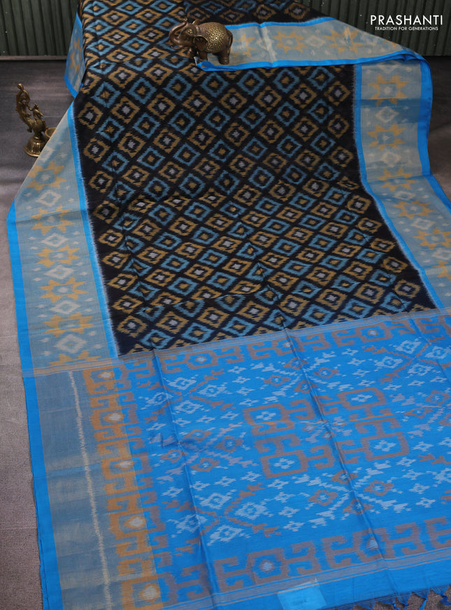 Ikat silk cotton saree black and cs blue with allover ikat weaves and long zari woven border