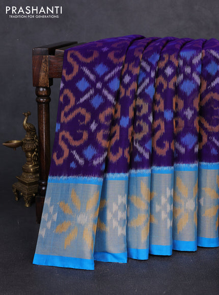 Ikat silk cotton saree violet and cs blue with allover ikat weaves and long zari woven border