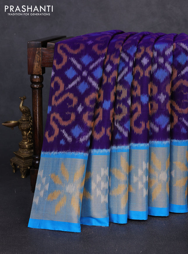 Ikat silk cotton saree violet and cs blue with allover ikat weaves and long zari woven border