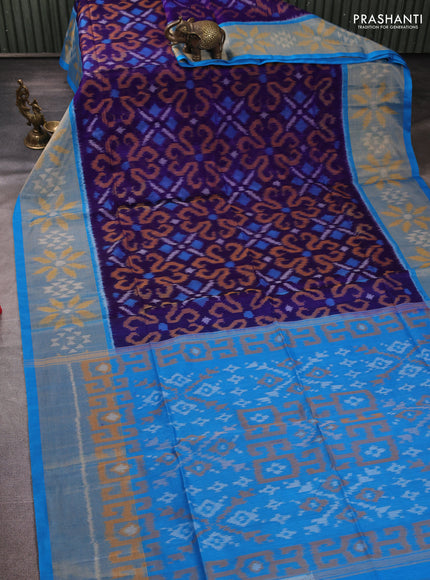 Ikat silk cotton saree violet and cs blue with allover ikat weaves and long zari woven border